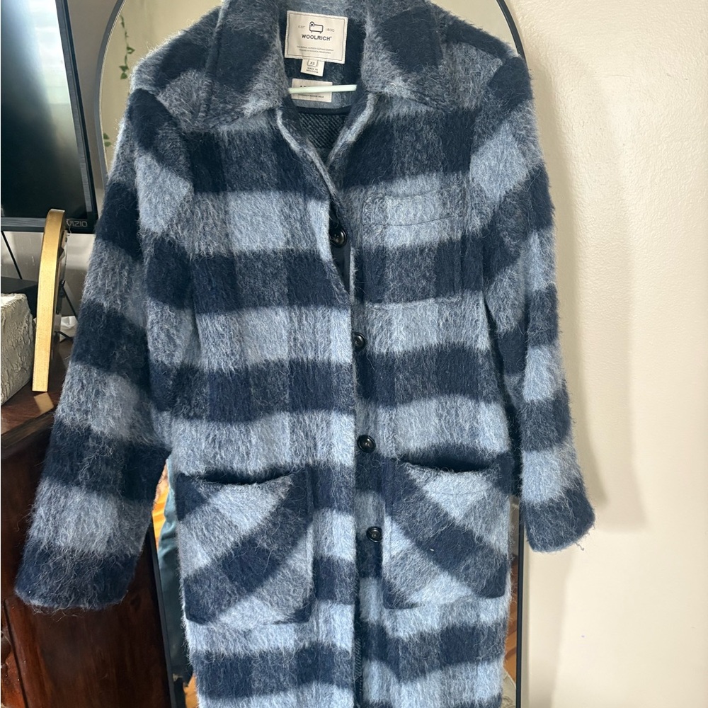 Woolrich Navy and Light Blue Plaid Teddy Jacket
